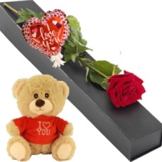 Gift box with red rose + teddy bear (Gift box with red rose with heart balloon + teddy bear + 140 grams of heart chocolate)